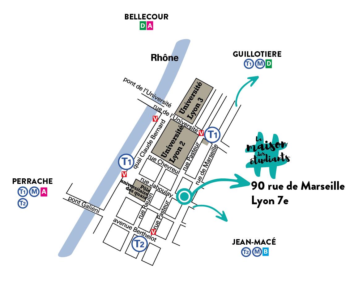 Localisation de la Maison des Étudiants sur un plan de Lyon