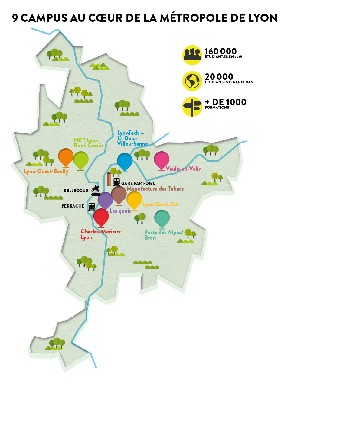 Un plan de la Métropole de Lyon renseigne la position géographique des 9 campus dans la Métropole de Lyon